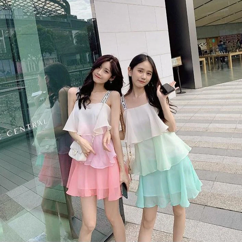 

Gradient Sleeveless Dress Women Cascading Ruffles A-line Mini Dresses Female Elegant Trendy Chiffon Summer Designer Style 2022