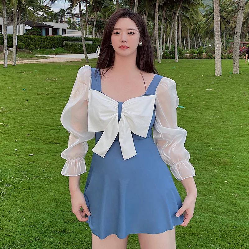 

Женский купальный костюм 2022, винтажный слитный купальник из органзы в стиле пэчворк с бантом и поясом, однотонное женское платье с юбкой