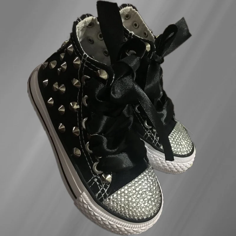 

Black canvas shoes rivet rhinestone ribbon comfortable walking shoes handmade rivets unisex vulcanized shoes 35-46