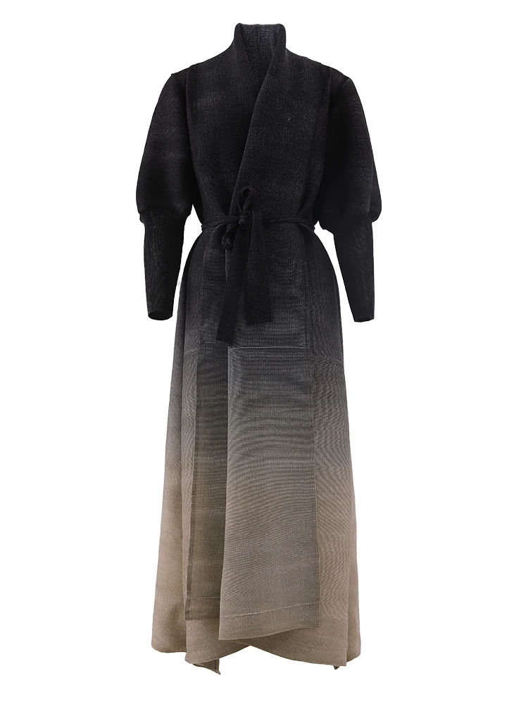 Женская длинная Плиссированная ветровка LANMREM с градиентом поясом и присборенной