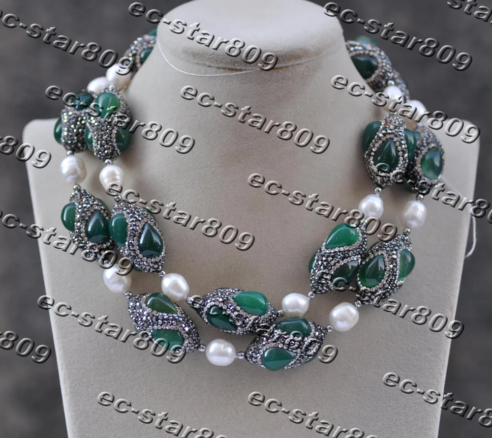 

MCT·STAR Z11515 32" 30mm Green Agate Shuttle CZ White Rice Pearl Necklace