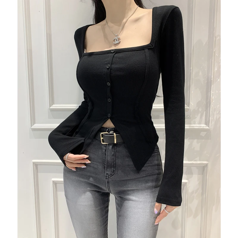 Фото Топ Slim Fit Long Sve Футболка Dongda Gate Autumn Sle Pure Color Квадратный воротник на одной пуговице Повседневная женская длина №1