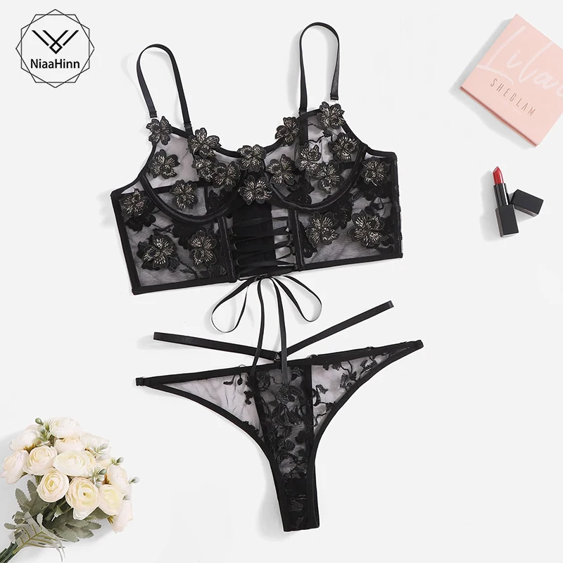 

Женское нижнее белье, интимное свежее Сетчатое Цветочная вышивка, переводная картинка, лента с бантом, прозрачное соблазнительное сексуаль...