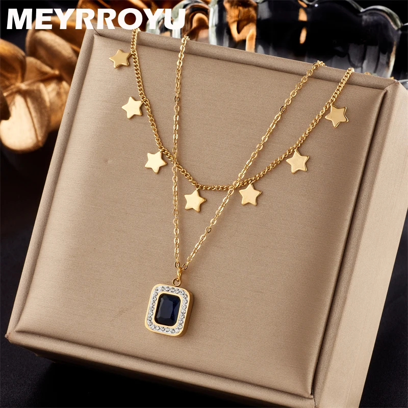 

MEYRROYU 316L Stainless Steel New Tassel Star Blue Crystal Pendant Double Layer Necklace For Women Men Party Gift Bijoux
