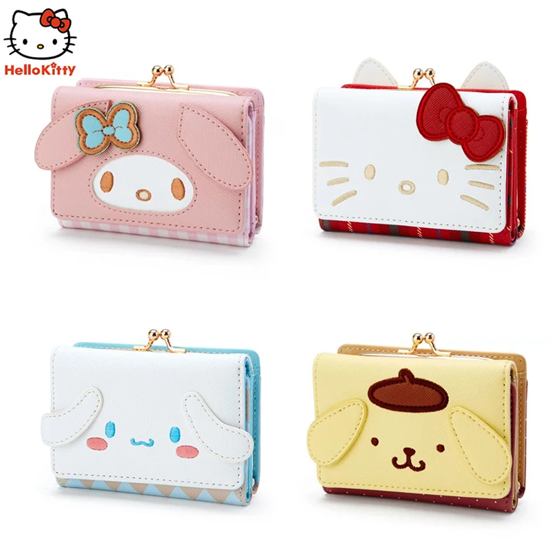 

Kawaii Hello Kitty Cinnamoroll My Melody Sanrio Small Short Wallet Ladies Girls Plaid Purse Trifold Leather Women Money Bag Clip