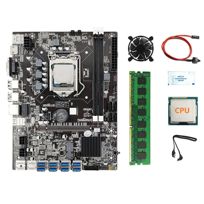 B75 USB BTC Miner Motherboard+CPU+4G DDR3 RAM+Fan+Thermal Grease+Switch Cable+SATA Cable 8USB3.0 LGA1155 DDR3 Slot MSATA