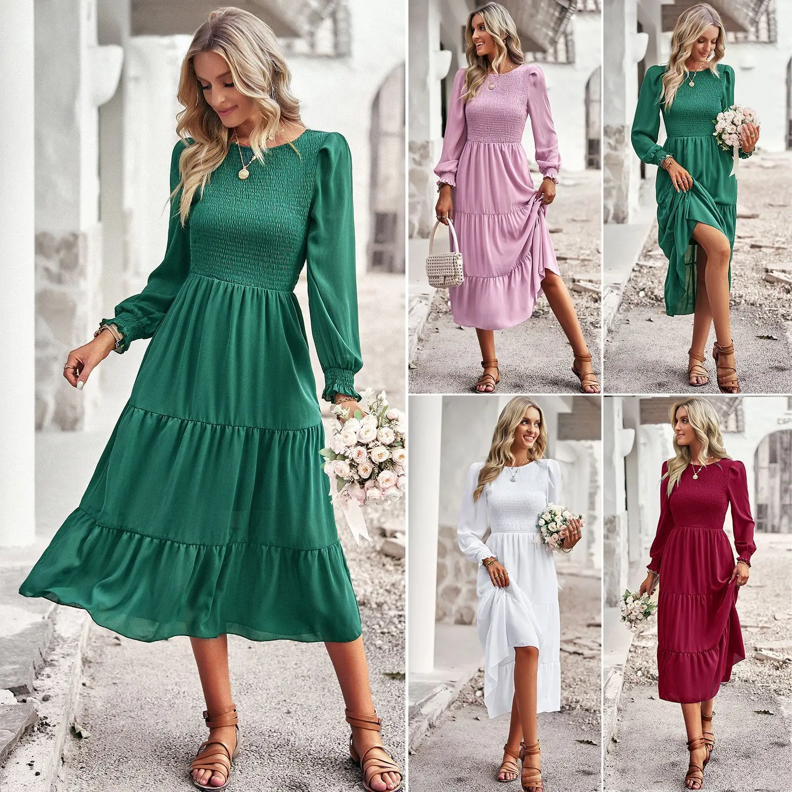 

Women Spring Summer Fashion O-neck Elastic Waist Long Sleeved Solid Color Patchwork Fold Temperament Elegant Robe Dresss