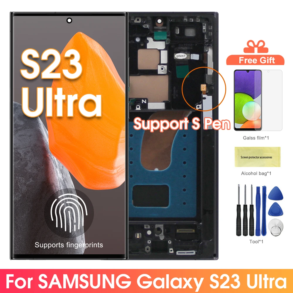 

S23 Ultra Screen Assembly for Samsung Galaxy S23 Ultra S918B S918B/DS Lcd Display Digital Touch Screen with Frame Replacement