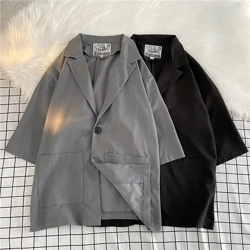 Summer Men's Short Sleeve Suit Hong Kong Style Japanese Simple Fashion Versatile Casual Loose Fit Trendy Jacket