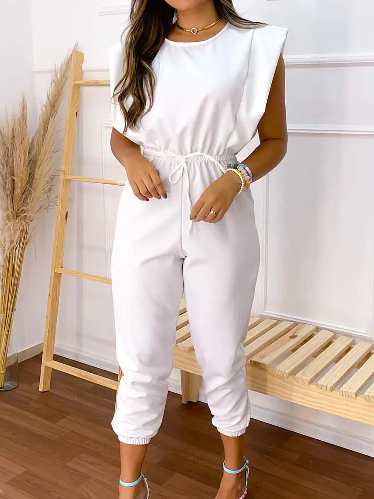

Lady Ol Solid Pencil Pant Jumpsuits Women Summer O Neck Sleeveless Elegant Slim Romper High Waist Lace Up Elastic Waist Overalls
