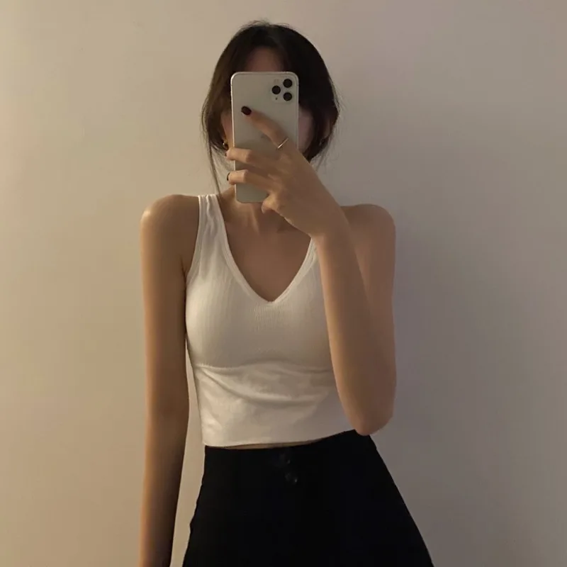 

2022Round neck casual short cardigan top design sense small coat women's slim short-sleeved vest suspenders deep V