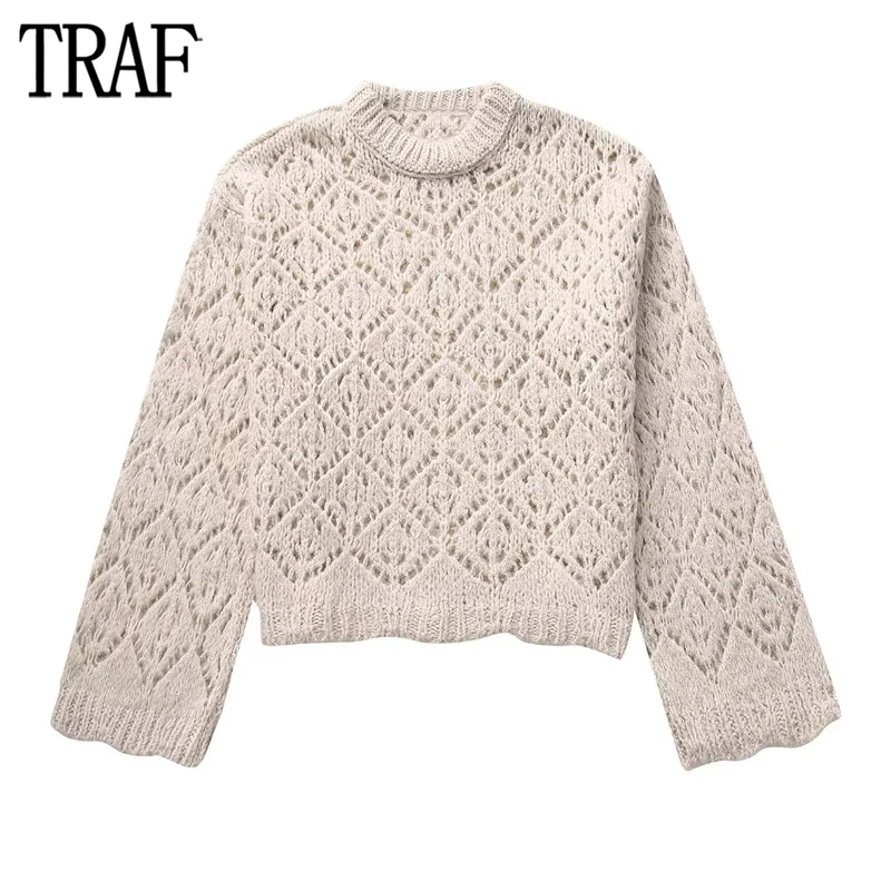 

TRAF 2023 Argyle Knitted Sweater Woman Cut out Cropped Sweaters for Women Long Sleeve Short Sweaters Women Pullovers Knitwears