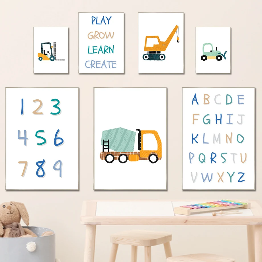 

Crane Excavator Tractor Alphabet Numbers Wall Art Canvas Painting Nordic Posters And Prints Wall Pictures Baby Kids Room Decor