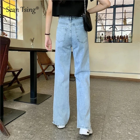 Sean Tsing® Women's Jeans Split High Waist Wide Leg Blue Denim Pants Streetwear Vintage Casual Fashion Straight Trousers Summer