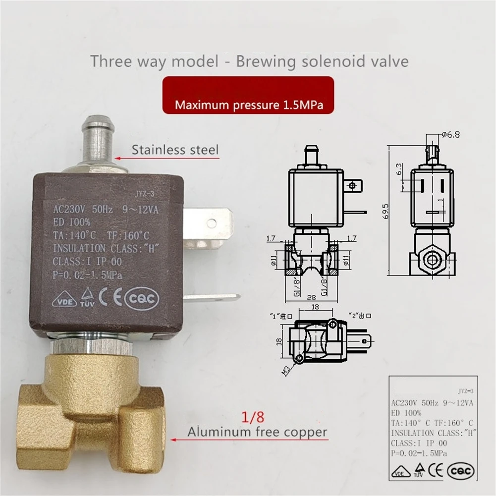 

Двухходовой трехходовой электромагнитный клапан 230 В 50 Гц для кофемашины, паровая горячая вода, кухонная техника, детали кофеварки