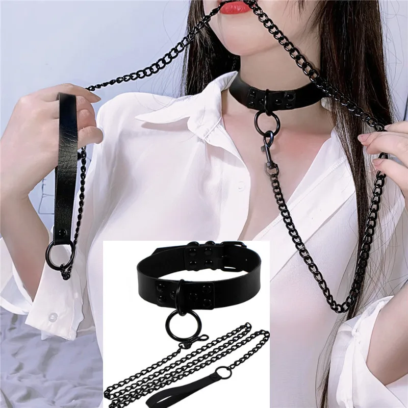 

Woman Punk Gothic Sexy PU Leather Sex Collar Bondage Necklace Slave Leash Steel Chain Rivet Choker Dog Chain Punish Adult Games