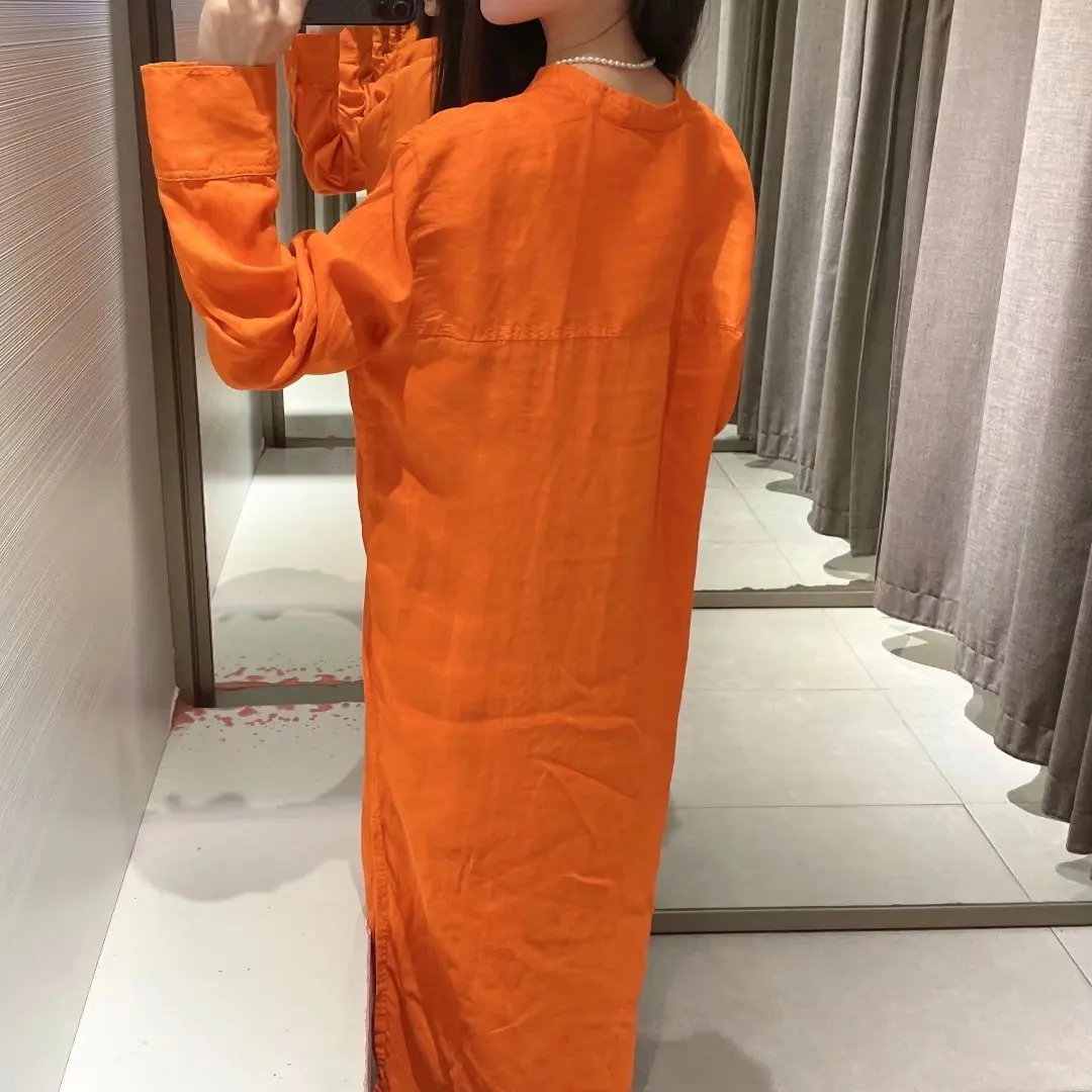 Платье-рубашка женское оранжевое средней длины с длинным рукавом |