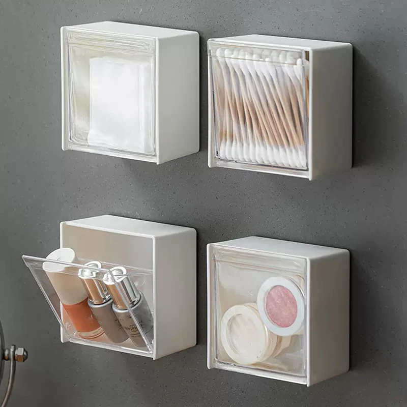 

Small 1/2pcs Dustproof Plastic Cotton Swabs Adhesive Storage Boxes Organizer Bathroom Makeup Jewelry Space-saving Mounted Wall