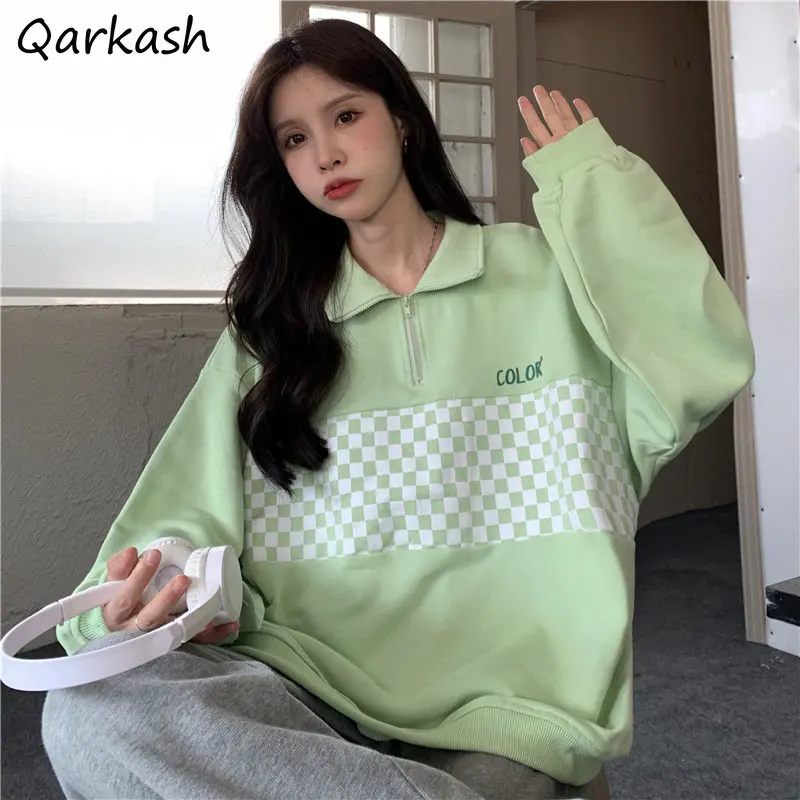 

Sweatshirts for Women Plaid Patchwork Design Sweet Ins Sudaderas Korean Preppy Style Fashion Spring All-match Students Classic