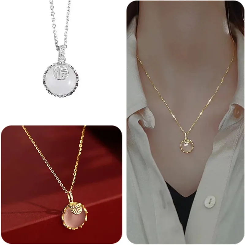 

Latest Female Tide Clavicle Chain 925 Silver Necklace Women Fashion Sweet Jade Pendant Blessing Necklace For Lady New Year Gift
