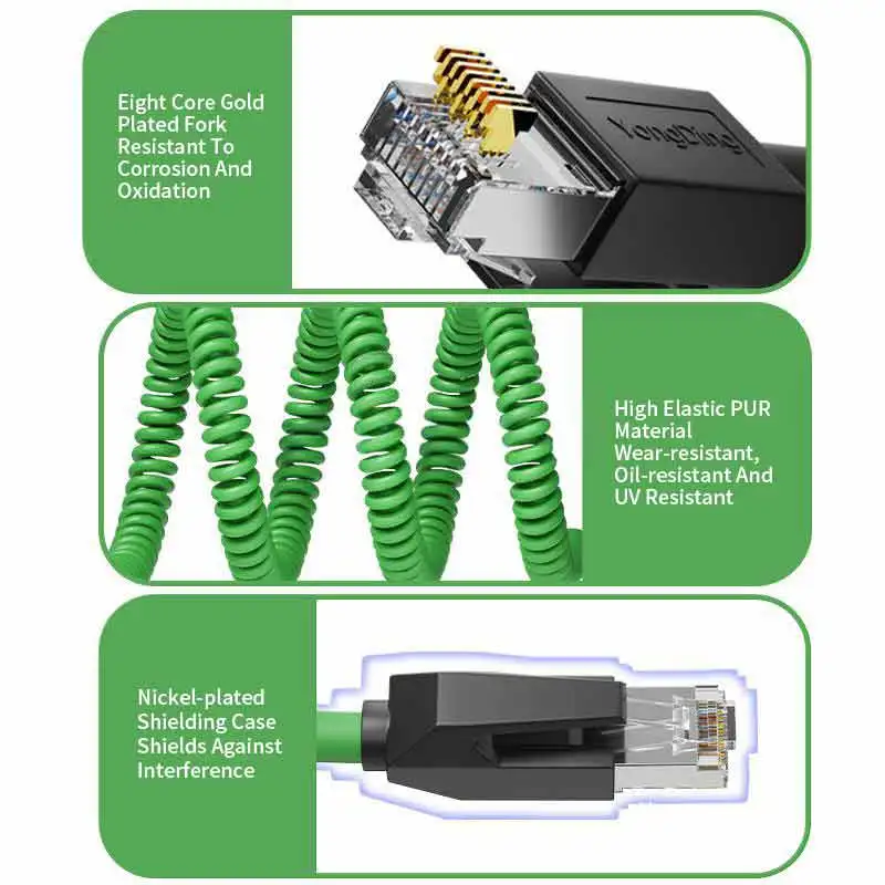 Фото Спиральный кабель RJ45 к CAT6A Ethernet для компьютера, 8-контактный, 26AWG PUR Flexibl, удлинение растяжения, втягивающаяся двойная экранированная сетевая линия №5