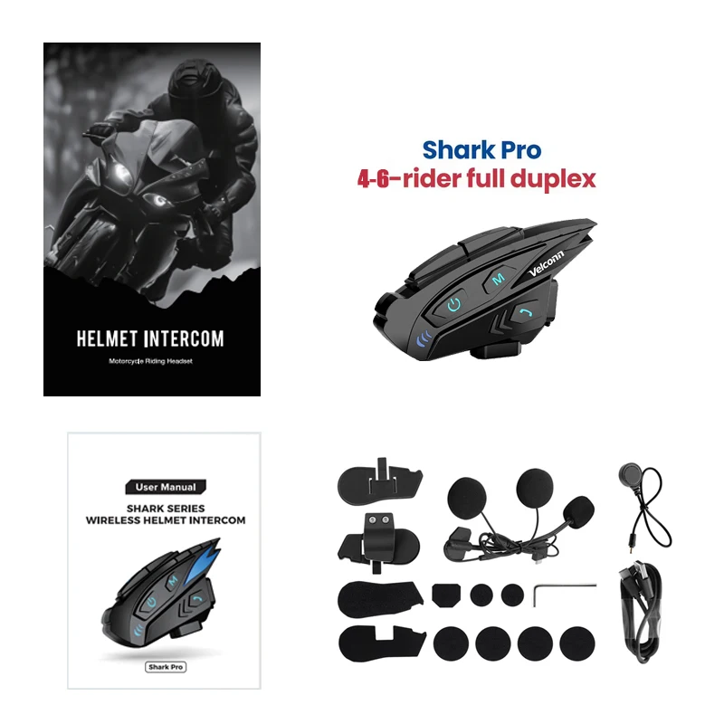 Velconn Shark Pro Мотоциклетный домофон Совместное использование музыки Шлем Bluetooth-гарнитура 6 гонщиков 2 км Полнодуплексный домофон FM-радио IP65