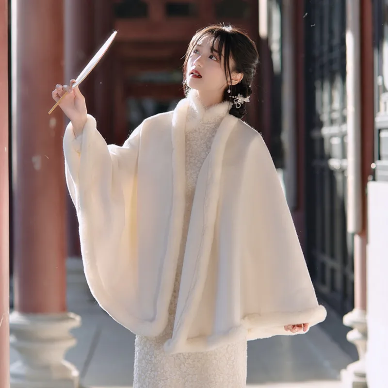 

Winter Cheongsam Shawl Fur Collar Women Chinese Ethnic Style Vintage Harajuku Elegant Cloak Outwear Wild Warm Female Cape Coat