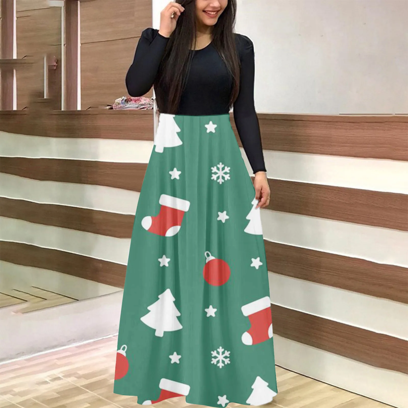 

Женское модное приталенное платье с длинным рукавом и рождественским принтом, Повседневное платье с V-образным вырезом