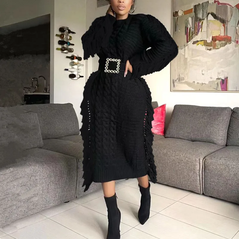 

No Belt Autumn Winter Women's Long Sleeve Slim Knit tassel Sweater Dress