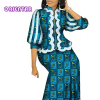African Outfits for Women Matching 2 Piece Set African Print Puff Sleeve Zipper Top and Long Skirts Suits for Women WY1469