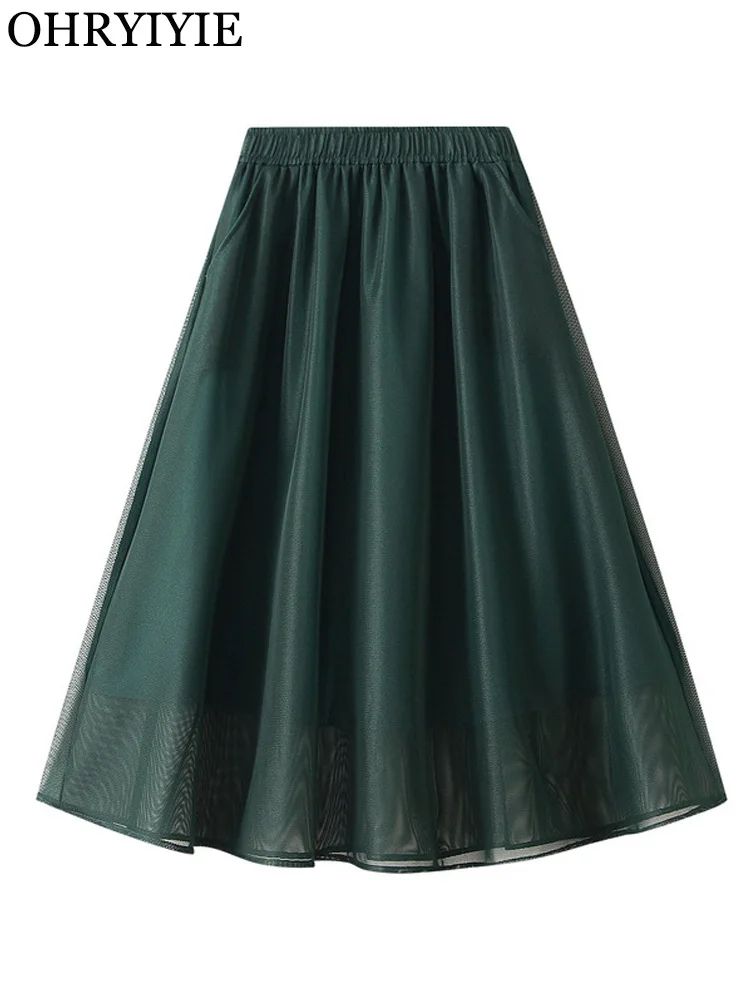 

OHRYIYIE Vintage Summer A-line Voile Skirt Women Fashion Korean High Waist Short Tulle Skirts Female Green Black Tutu Skirt Lady