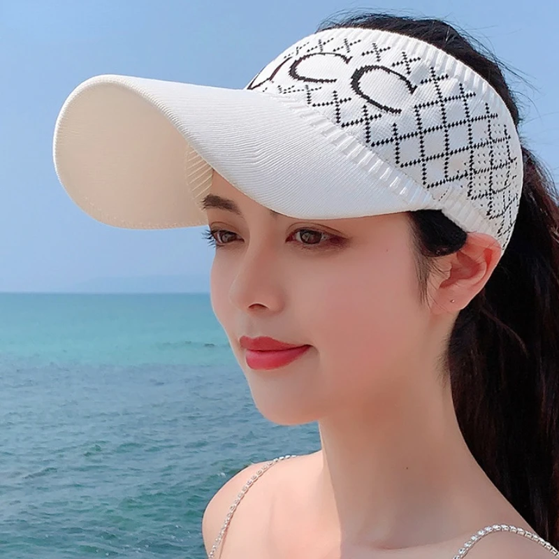 MOOLEEY Letter Print Women Sun Hat Summer Plaid Print Large Brim Empty Top Hat Elastic Fabric Sport Golf Cap Beach Visor Hats
