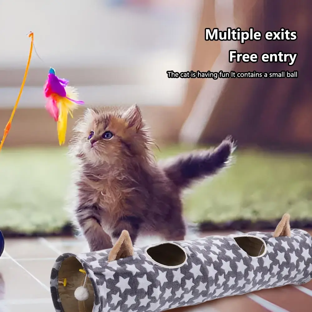 

Складной туннель для домашних животных, длинная прямая игрушка-туннель в форме кошачьих ушей с шариками, Интерактивная игрушка