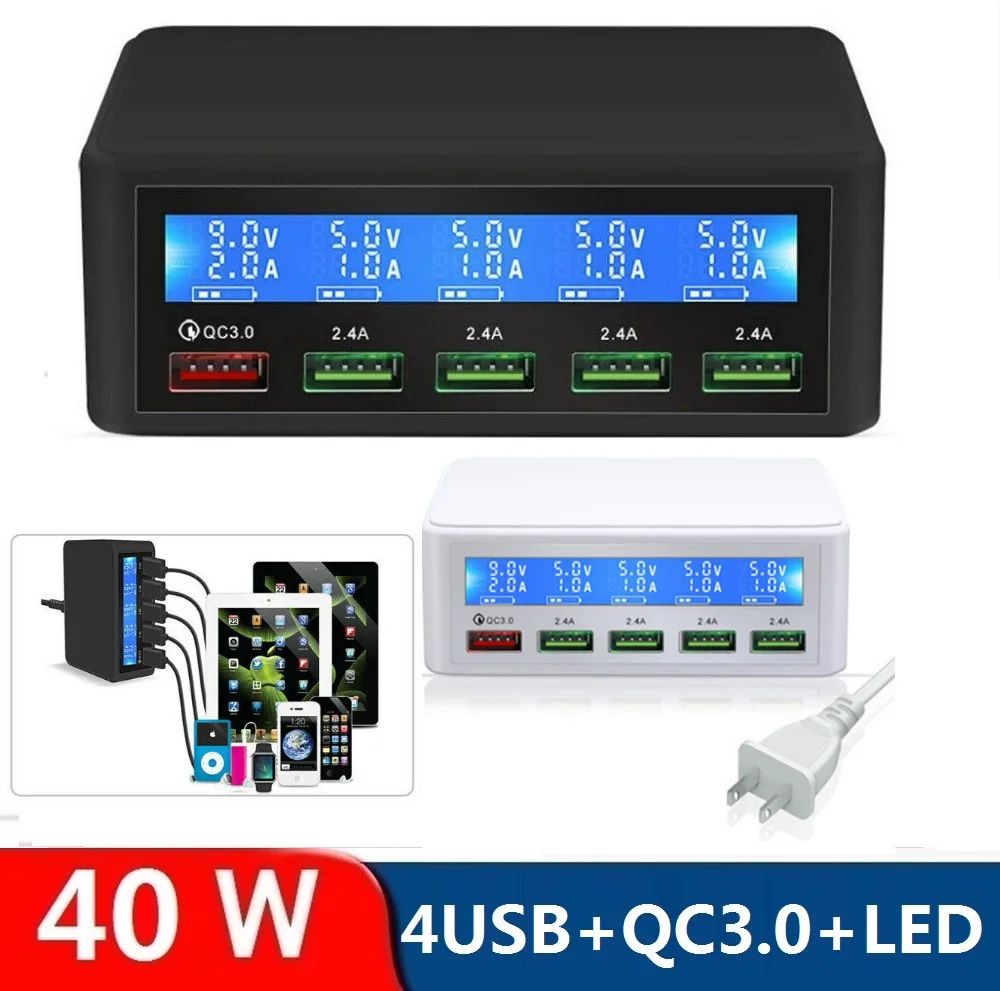 

Quick Charger 40W 5-Port LED Display Quick Charge 3.0 Fast Charger Desktop Charging Station Hub For Iphone 13 14 Samsung Tablet