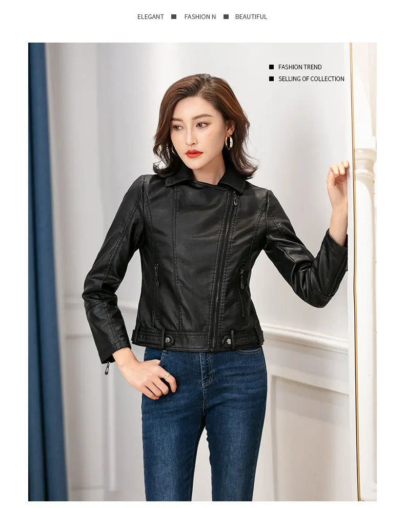 Basic Leather Top  Ladies Motorcycle Leather Jacket Spring  Autumn Thin Women's Leather Lapel Zipper Slim Korean Coat