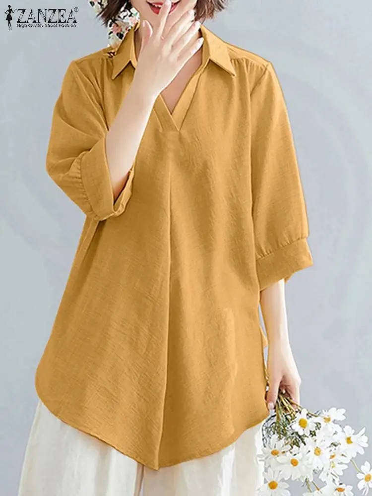 

Elegant V Neck 3/4 Sleeve Work Blouse ZANZEA Summer Shirt Women Casual Loose Tunic Tops Oversize Chemise Tunic Solid OL Blusas