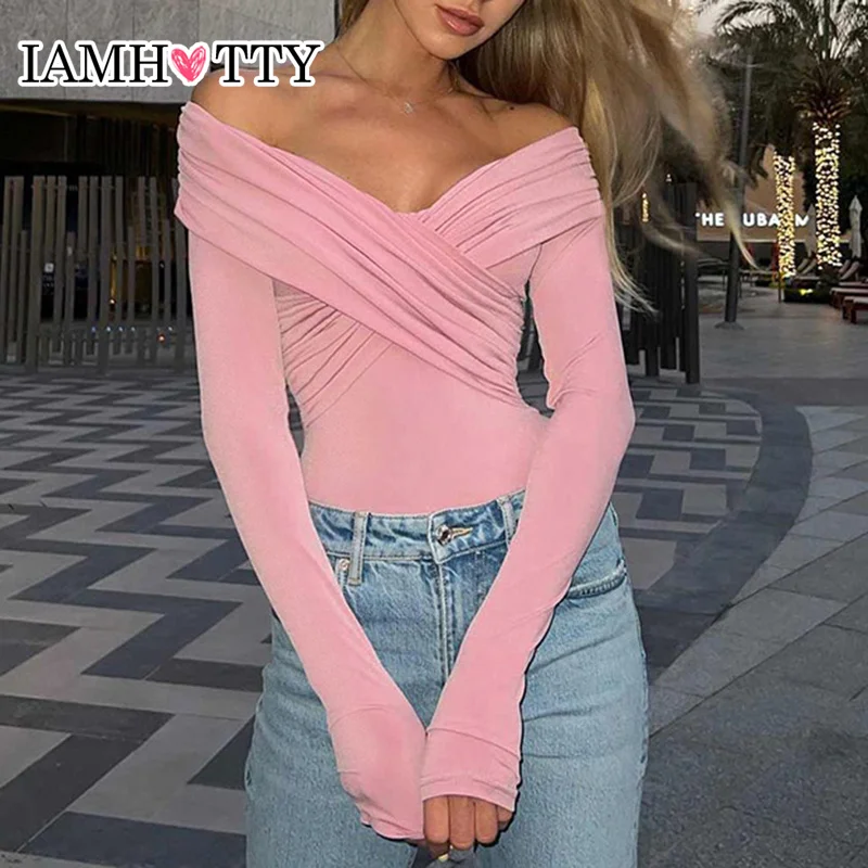 

IAMHOTTY High Street Slash Neck Top Women Autumn Chic Elegant Slim-fit Long Sleeve T-shirts Pink White Solid Casual Basic Tees