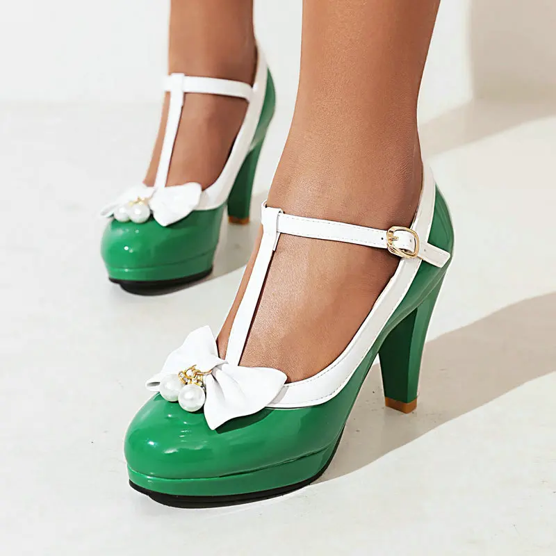 Женские туфли на каблуке с бантиком яркие желтые зеленые фиолетовые Т-образным