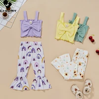 two piece girls clothing sets summer 2022 baby girl sleeveless bowknot tops with floral rainbow print flared trousers