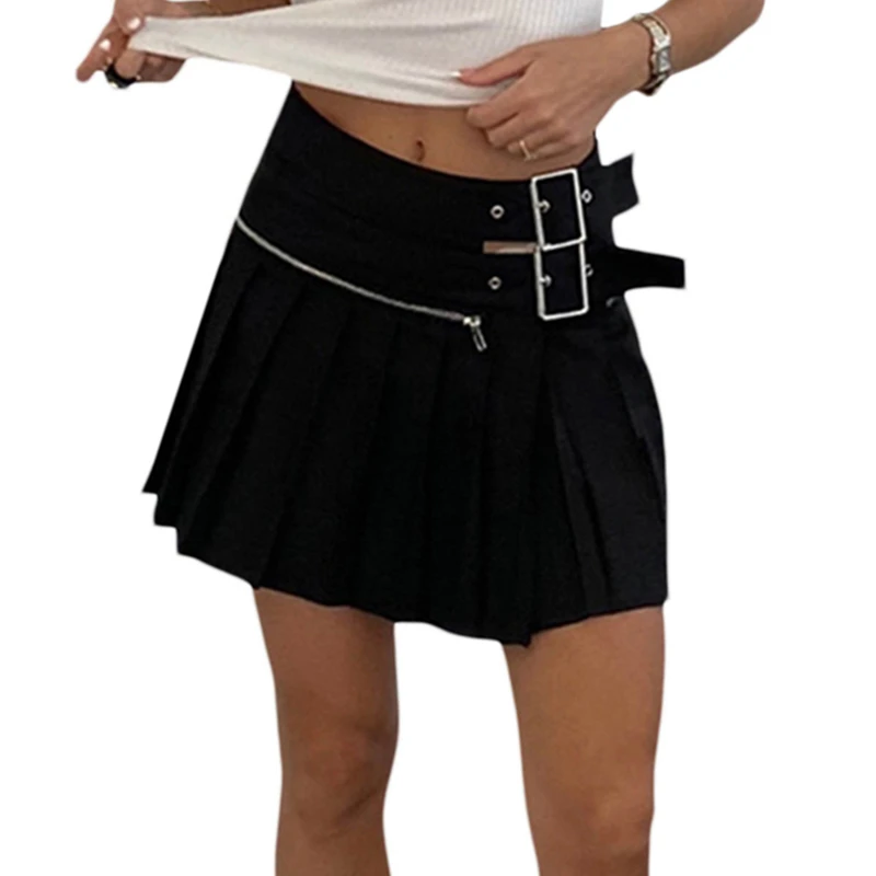 

2000s Aesthetic Pleated Skirt Women Black Mid Waist Mini Skirt with Zipper/Buckle Decoration Korean Fashion Harajuku Clothes