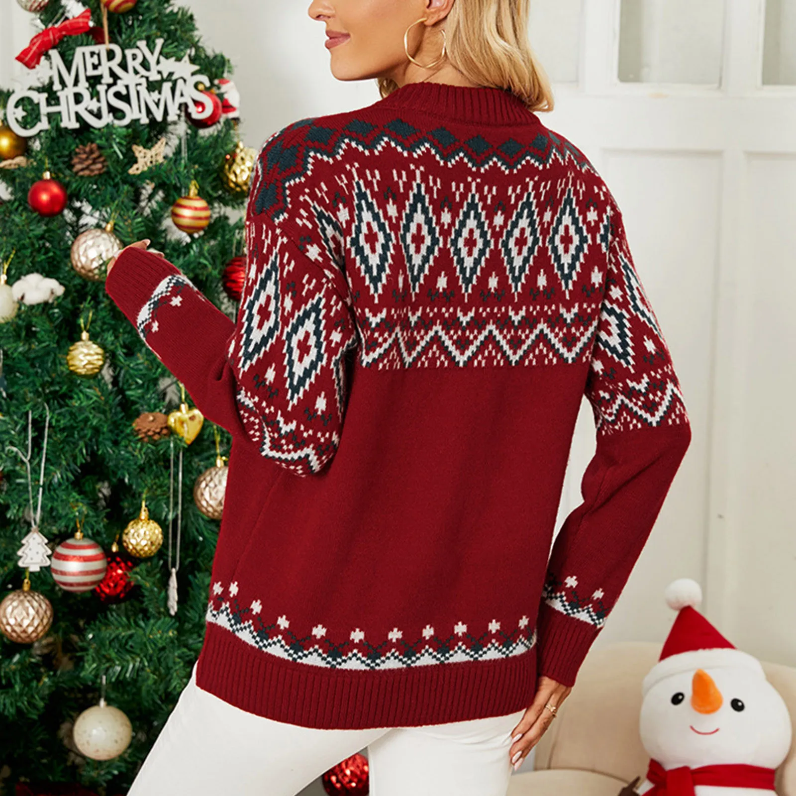 Женский повседневный рождественский пуловер с круглым вырезом и контрастными