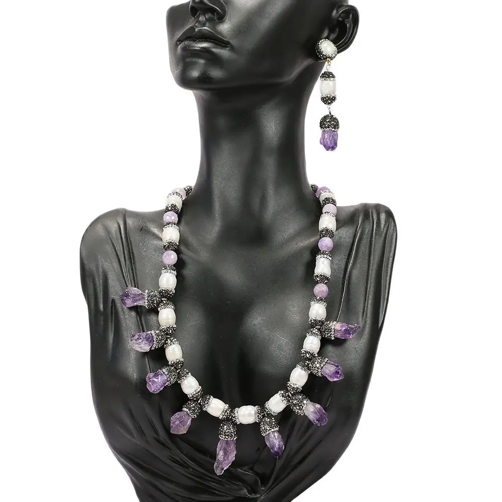 

GG Jewelry Natural White Pearl Amethysts Rough Black CZ Paved Pendant Necklace Earrings Sets Handmade Women Cute Gifts
