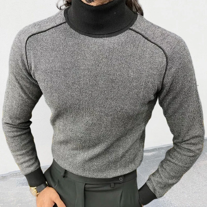 

2023 Winter Men's Warm Knitted Sweater Fashion Turtleneck Line Splicing Long Sleeve Sweater Autumn Men's Casual Slim Top Sweater