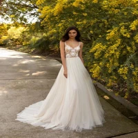 sexy v neck lace appliques backless wedding dress for bride with a line tulle sleeveless sweep train bridal gown