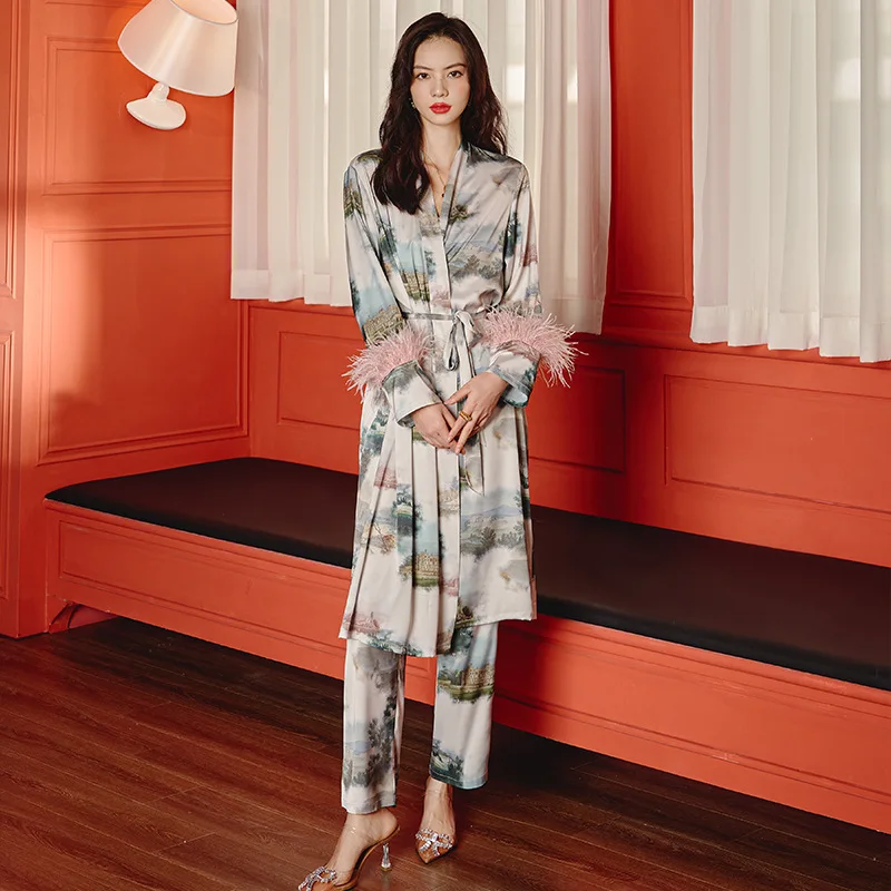 New Pajamas Women Long Sleeve Feather Ladies Ice Silk Satin Three Piece Homewear pijamas women