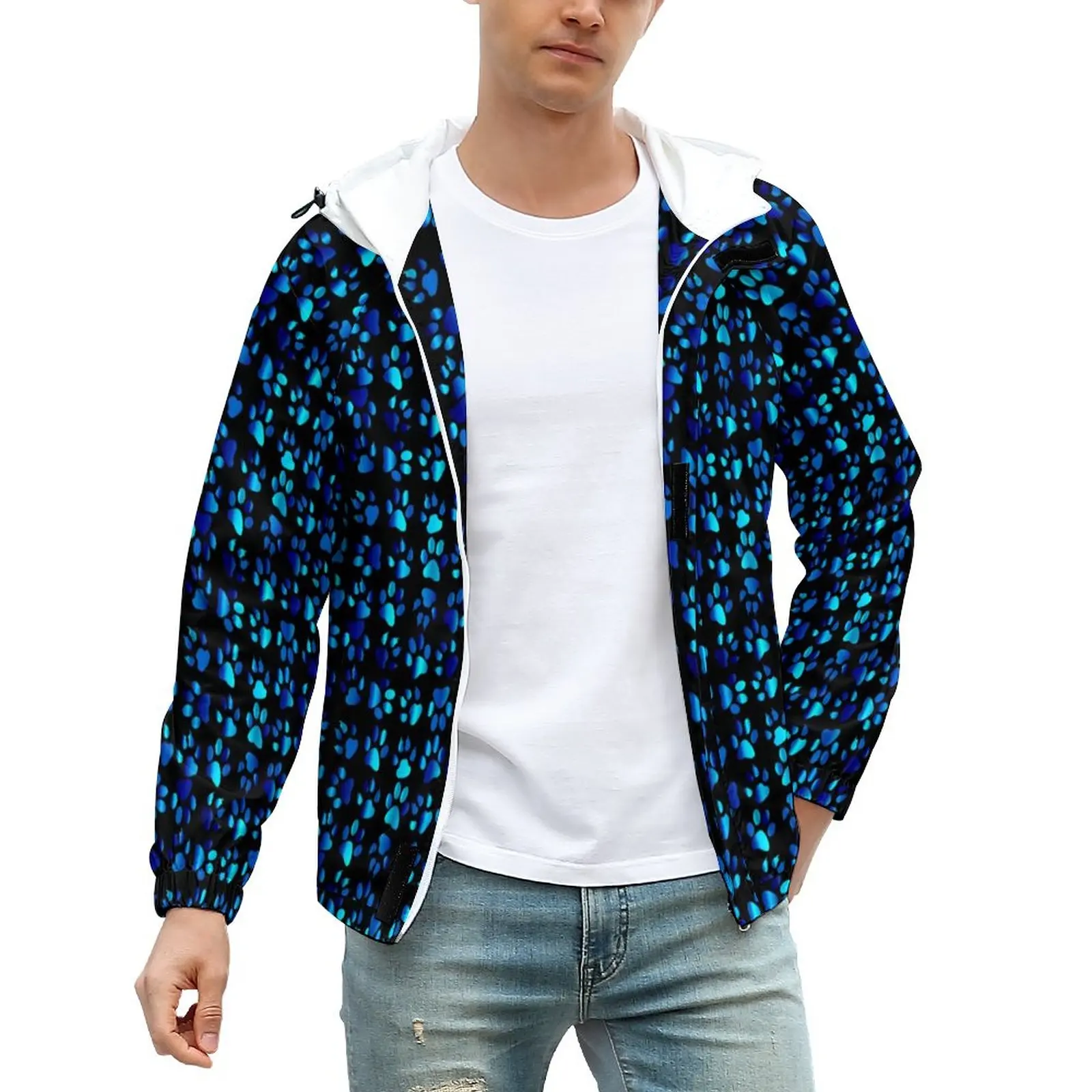 

Мужская осенняя куртка на молнии с принтом в виде голубых лап