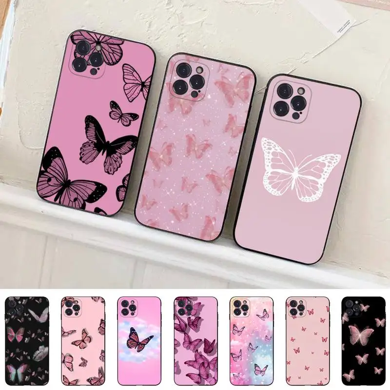 

Aesthetic Pink Butterflies Phone Case For iPhone 14 11 12 13 Mini Pro Max 8 7 6 6S Plus X SE 2020 XR XS Funda Case