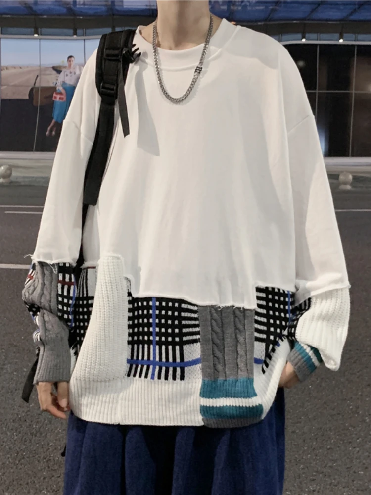 

Men's Knit-paneled Sweatshirt Tide Brand Plaid Stitching Pullover Jacket Korean Version of Harajuku Autumn Loose Pullover Itself