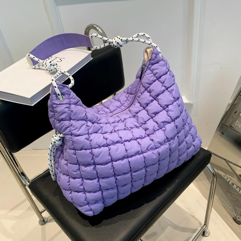 

2023 Purple Khaki Cloth Shoulder Bag Space Cotton Handbag Women Large Capacity Tote Bags Feather Padded Lady Quilted Shopper Bag