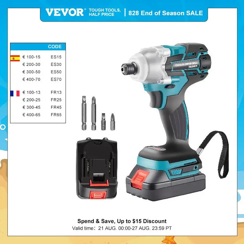 VEVOR 20V Brushless Electric Screwdriver 1300in-lbs Lithium-ion Battery Rechargable Cordless Drill Driver DIY Impact Power Tool